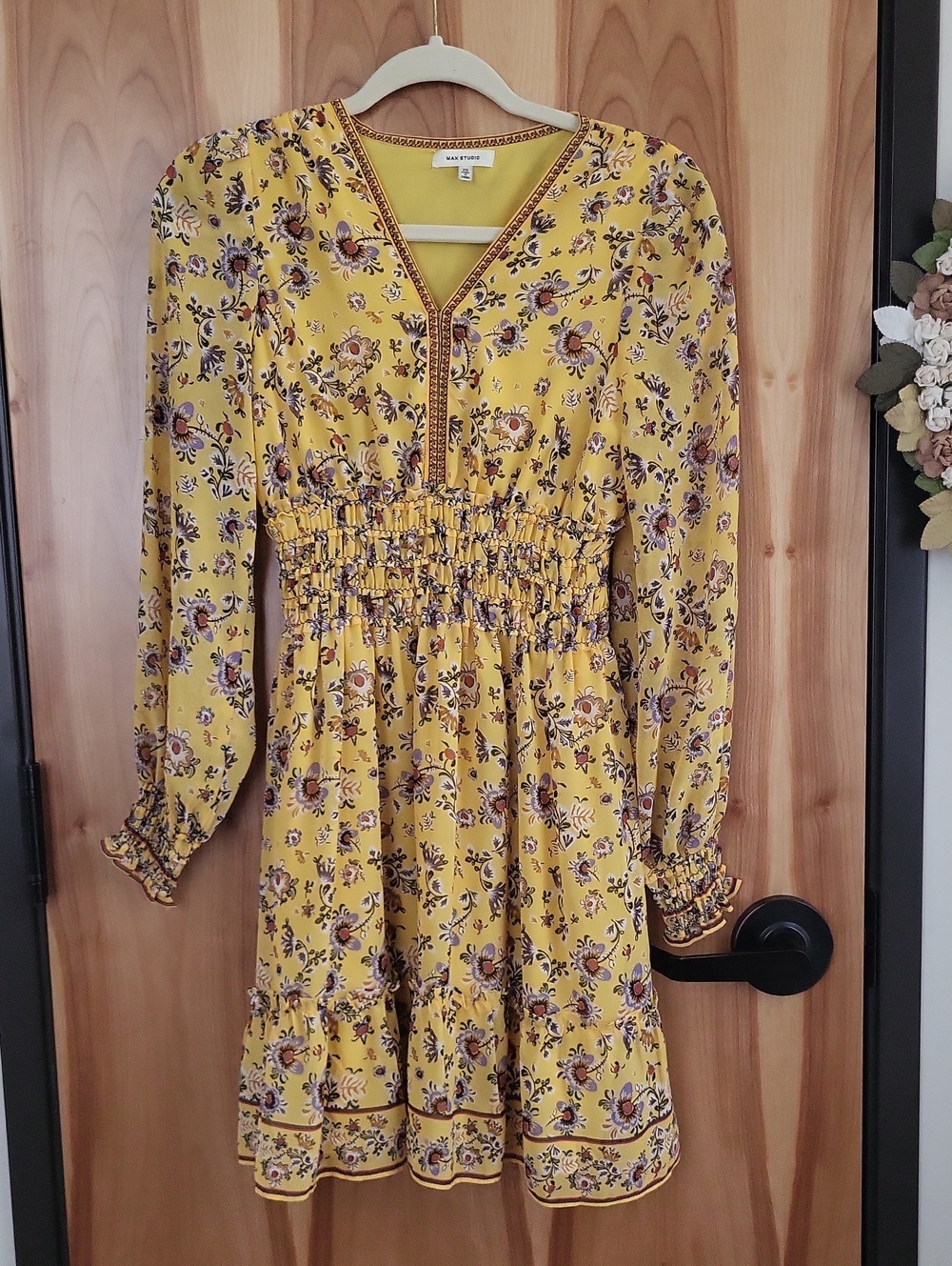 Max Studio Yellow Floral Long-Sleeve Smocked Waist Dress